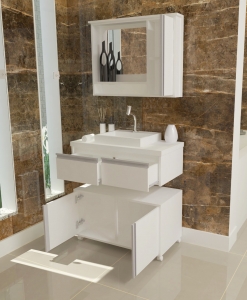 Gabinete Para Banheiro 3 Peças Oxford - Balcão Com Rodas + Bancada Cuba + Espelheira Com Led Branco